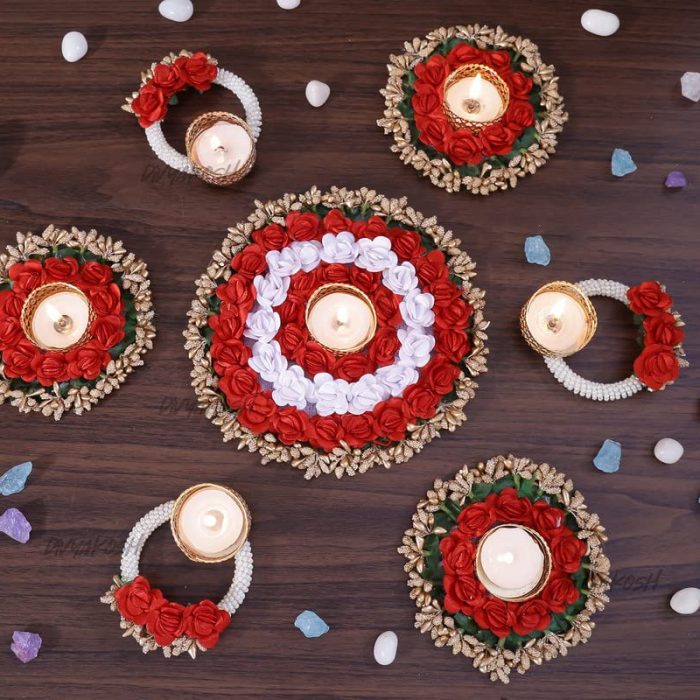 Red & White Artificial Flowers Tealight Holders