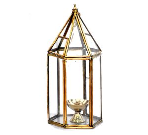 Brass Diya for Pooja with Glass Cover Lantern