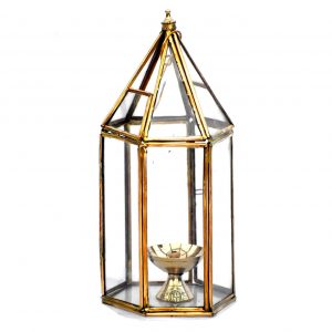 Brass Diya for Pooja with Glass Cover Lantern
