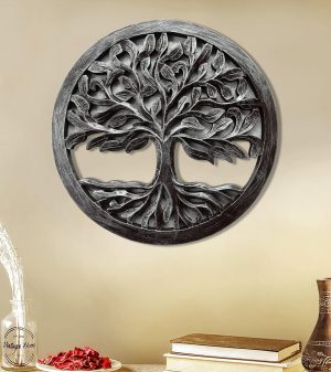 Hand Crafted Antique Green Finished Round Wooden Wall Panel