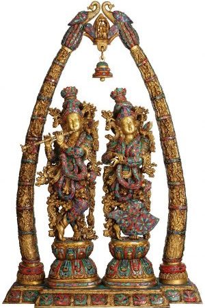 Multicolored Brass Radha Krishna with Arch 45 inches Statue