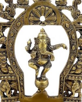 Brass Carving Dancing Ganesha Design Diya with Prabhavali Frame
