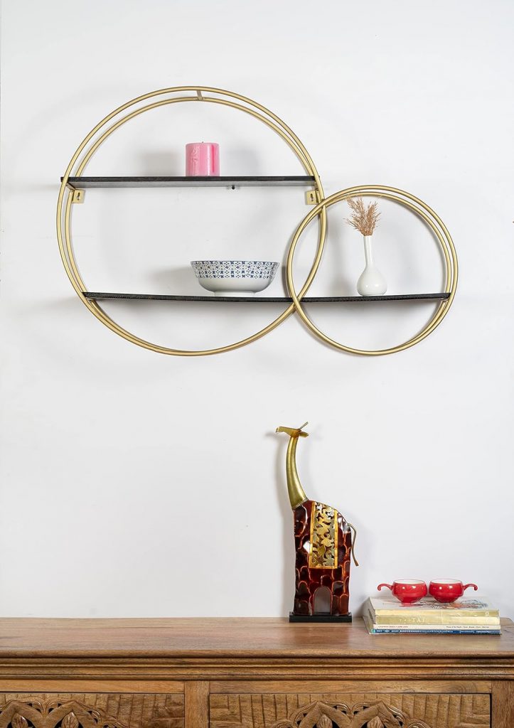 Gold Wrought Iron and MDF Aden Two Circular Wall Mounted Shelves
