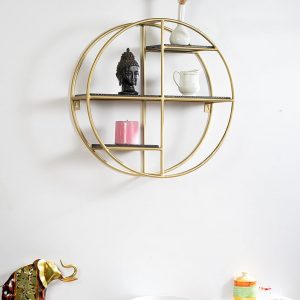 Gold Wrought Iron and MDF Hasti Circular Wall Shelves Mounted