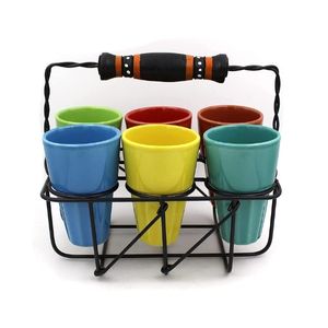 Ceramic Tea Glasses (Cutting Chai Glasses) with Stand, Set of 6,Multicolor
