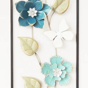 Blue Flowers and Gold Leaves Metal Wall Decor with Frame