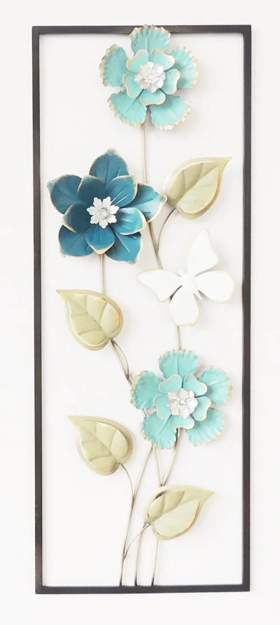 Blue Flowers and Gold Leaves Metal Wall Decor with Frame