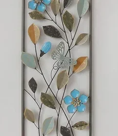 Blue Flowers and Leaves Metal Wall Decor with Frame
