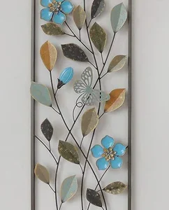 Blue Flowers and Leaves Metal Wall Decor with Frame