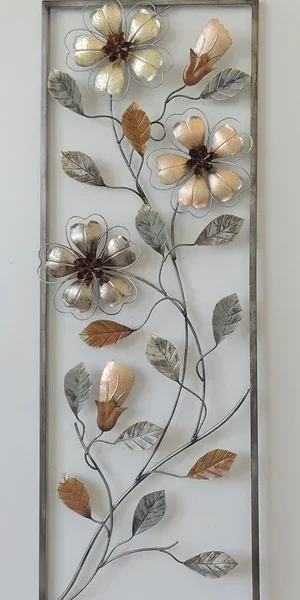 Earth Colors Flowers and Leaves Metal Wall Decor with Frame