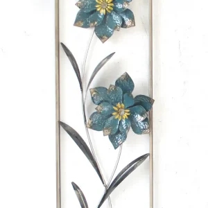 Green Flower and Leaves Metal Wall Decor with Frame 12"x36