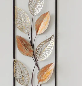 Grey and Orange Leaves Metal Wall Decor with Frame