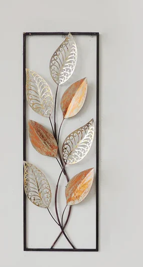 Grey and Orange Leaves Metal Wall Decor with Frame