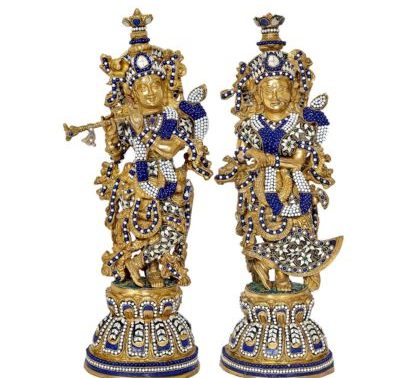 Dark Blue and White Beaded Enamel Radha Krishna Brass Idol