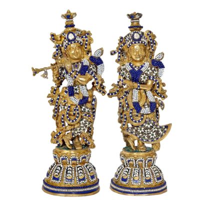 Dark Blue and White Beaded Enamel Radha Krishna Brass Idol
